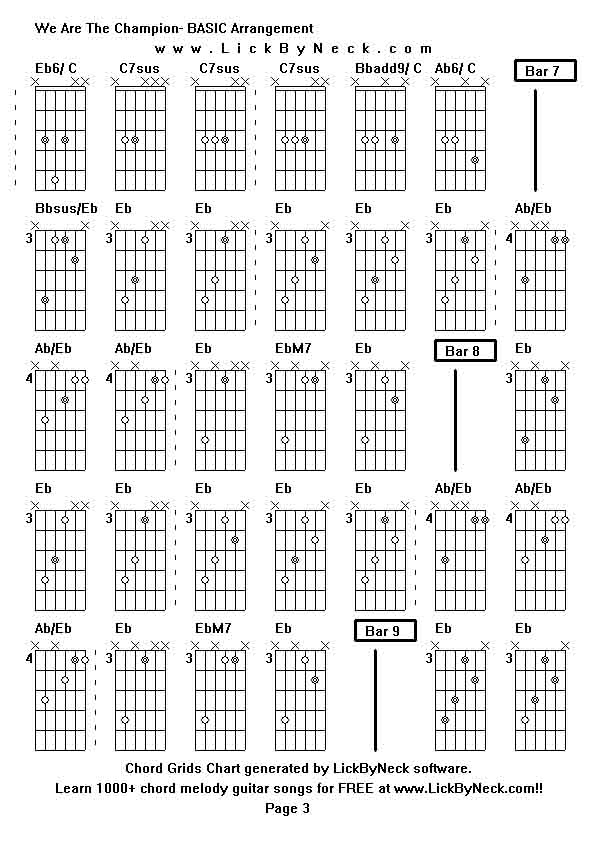 Chord Grids Chart of chord melody fingerstyle guitar song-We Are The Champion- BASIC Arrangement,generated by LickByNeck software.